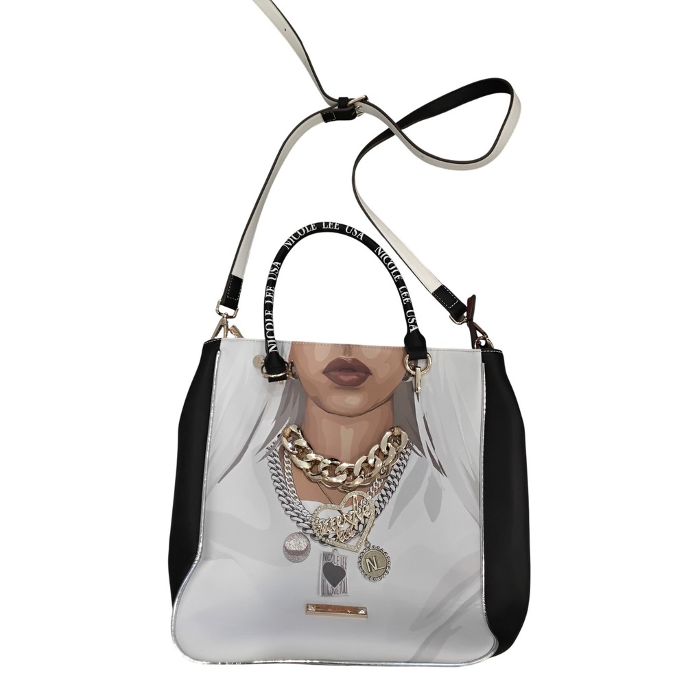 Nicole Lee USA‎ Goddess of Love Graphic Satchel Crossbody Bag White Black Silver